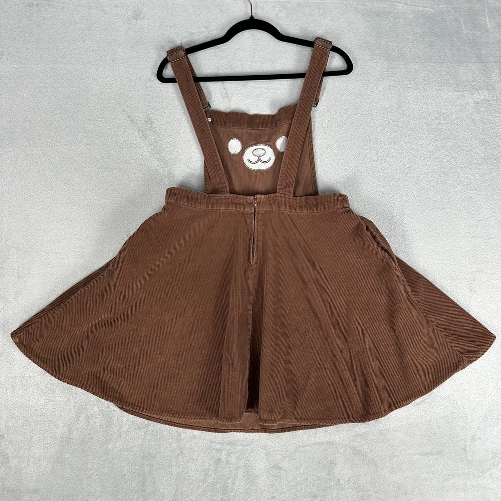 Hot Topic Brown Corduroy Bear Pinafore Overall Dress Skater Skirt Womens Large - Picture 6 of 12